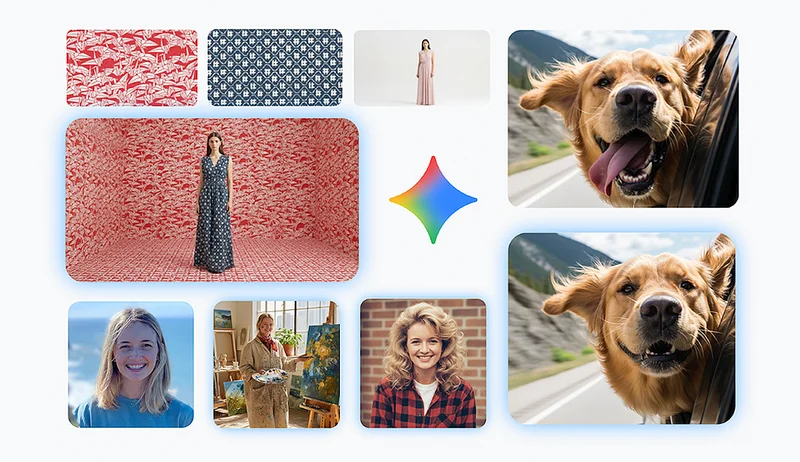 Collage around a colorful star logo, featuring patterned fabrics, women, and two golden retrievers.