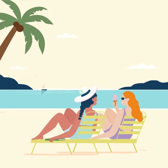Illustration of two women relaxing in lounge chairs on a beach, one holding an ice cream cone. A palm tree is on the left, and the ocean is in the background.
