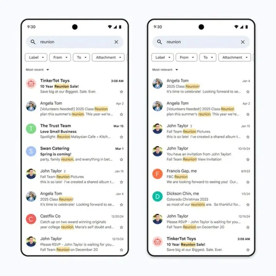 Two phone screens showing email inboxes with the search term 'reunion' applied. The left screen shows the most recent emails, while the right screen shows the most relevant emails.