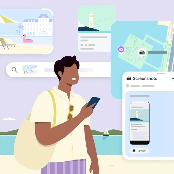 A person holding a phone with travel-related images and interface elements floating around them.