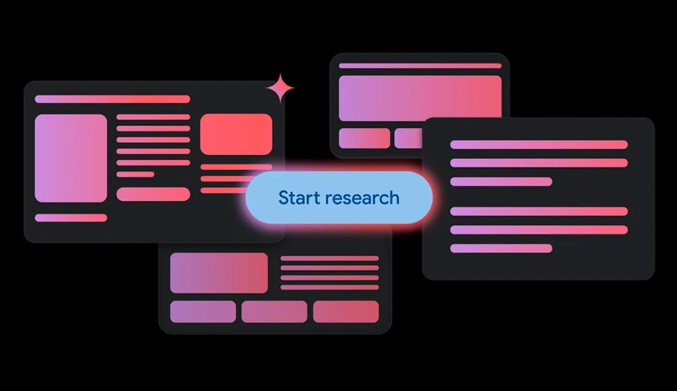 Four stylized website mockups with a glowing 'Start research' button in the center, all against a dark background.