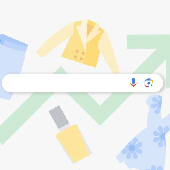 The image features a stylized Google search bar interface with floating fashion and beauty item illustrations.