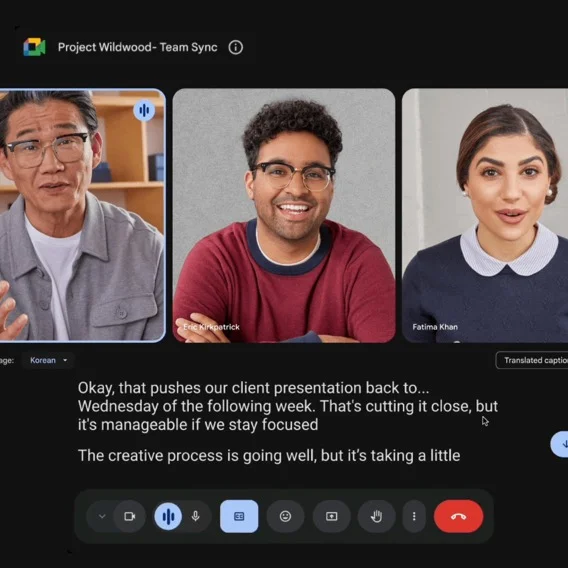 Three people in a video call, with a text transcript below.