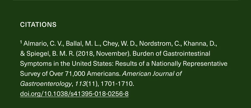 1 Almario, C. V., Ballal, M. L., Chey, W. D., Nordstrom, C., Khanna, D., & Spiegel, B. M. R. (2018, November). Burden of Gastrointestinal Symptoms in the United States: Results of a Nationally Representative Survey of Over 71,000 Americans. American Journal of Gastroenterology, 113(11), 1701-1710.doi.org/10.1038/s41395-018-0256-8