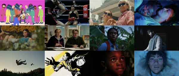 A grid of 16 stills from the 2025 Sundance Film Festival Short Film Program presented by Vimeo.