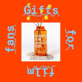 An orange Sundance Film Festival 2025 water bottle surrounded by the text "Gifts for film fans."
