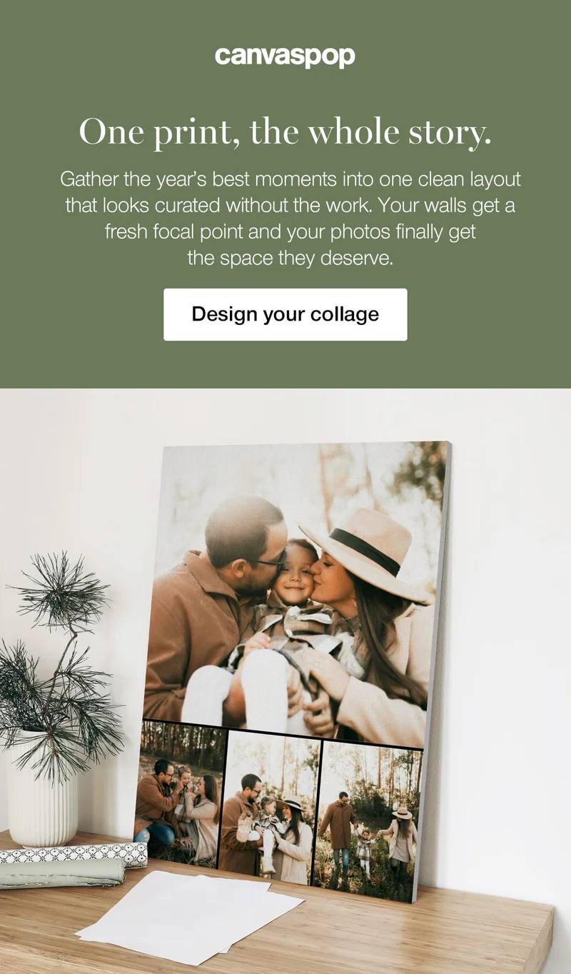 One print, the whole story. Gather the year's best moments into one clean layout that looks curated without the work. Your walls get a fresh focal point and your photos finally get the space they deserve.