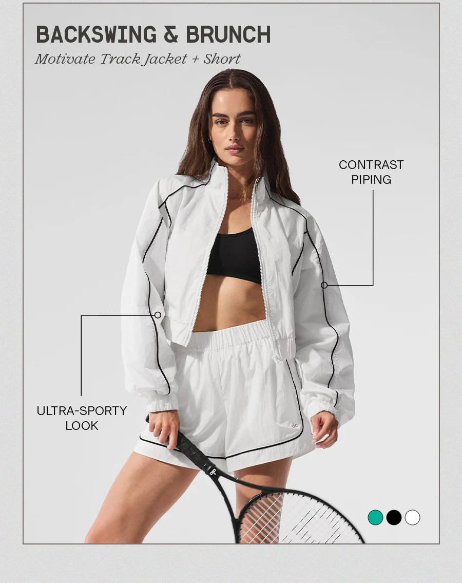 BACKSWING & BRUNCH Motivate Track Jacket + Short. CONTRAST PIPING. ULTRA-SPORTY LOOK