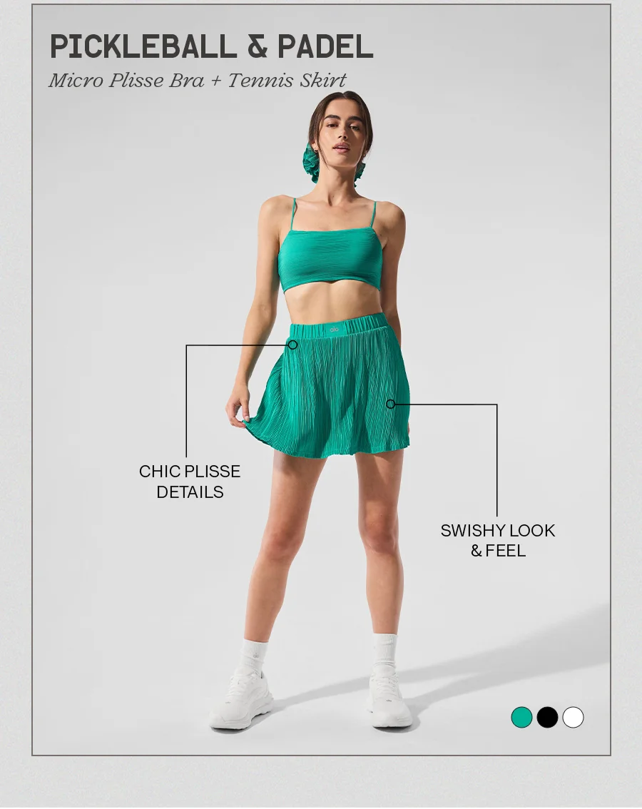PICKLEBALL & PADEL. Micro Plisse Bra + Tennis Skirt. CHIC PLISSE DETAILS. SWISHY LOOK AND FEEL