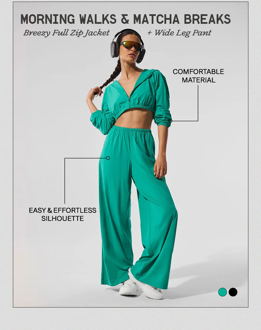 MORNING WALKS & MATCHA BREAKS Breezy Full Zip Jacket + Wide Leg Pant. COMFORTABLE MATERIAL. EASY & EFFORTLESS SILHOUETTE