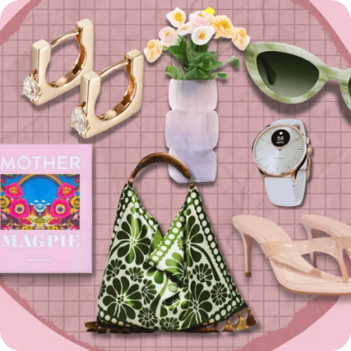 a collage of mother's day gift ideas for 2026, like a Farm Rio bag, Schutz sandals, krewe sunglasses, a vase, a puzzle, and jenny Bird earrings a collage of mother's day gift ideas for 2026, like a Farm Rio bag, Schutz sandals, krewe sunglasses, a vase, a puzzle, and jenny Bird earrings
