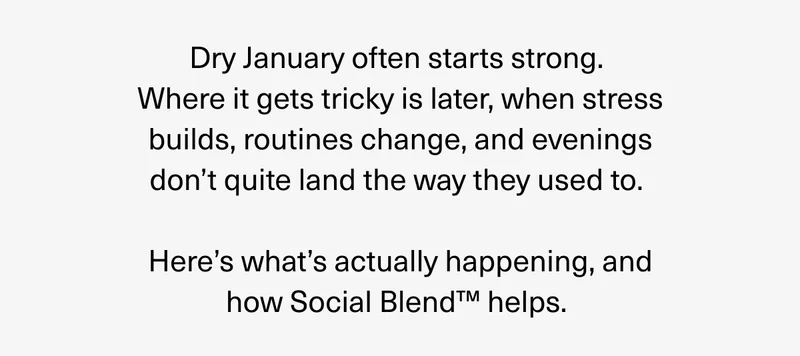 Dry January often starts strong. Where it gets tricky is later, when stress builds, routines change, and evenings don’t quite land the way they used to. Here’s what’s actually happening, and how Social Blend™ helps.