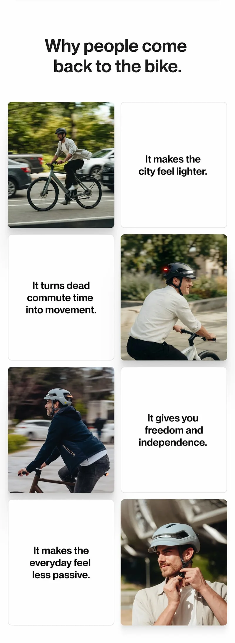 Why people come back to the bike: lighter commutes, freedom, and independence.