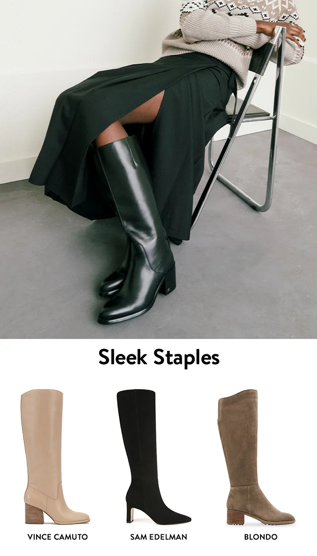 Woman wearing knee-high boots. Three styles of knee-high boots from Vince Camuto, Sam Edelman and Blondo.