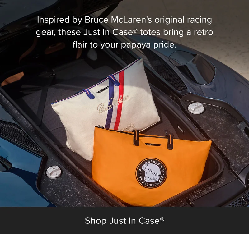 Inspired by Bruce McLaren's original racing geal, these Just In Case totes bring a retro flair to your papaya pride.