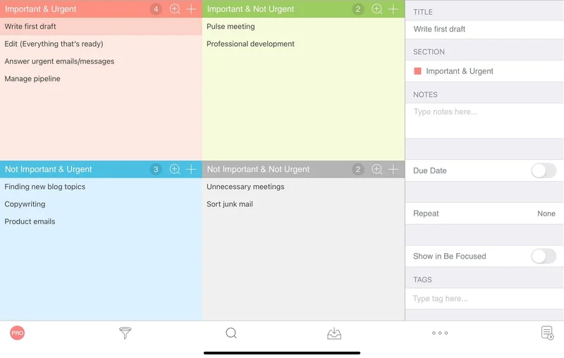 Image of the Focus Matrix app with different tasks sorted into the four categories of the Eisenhower Matrix, including important & urgent, important & not urgent, not important & urgent, and not important & not urgent.