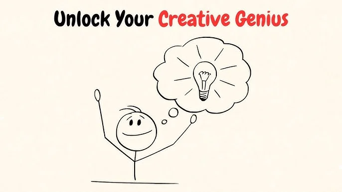 A stick figure person with a thought bubble that has a lightbulb in it with the words “Unlock Your Creative Genius” above.