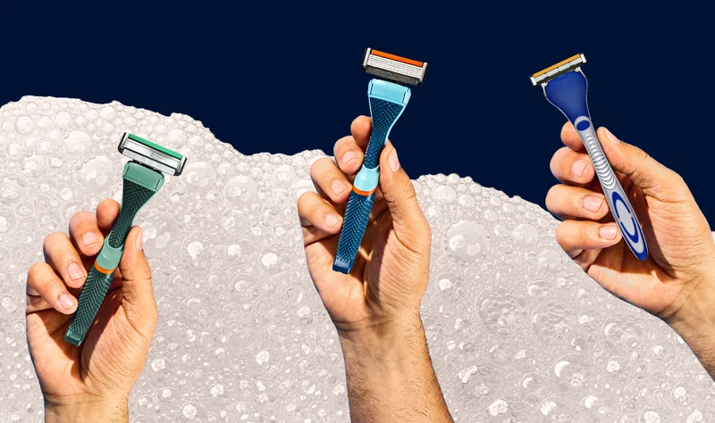 Three hands holding three different colored handles