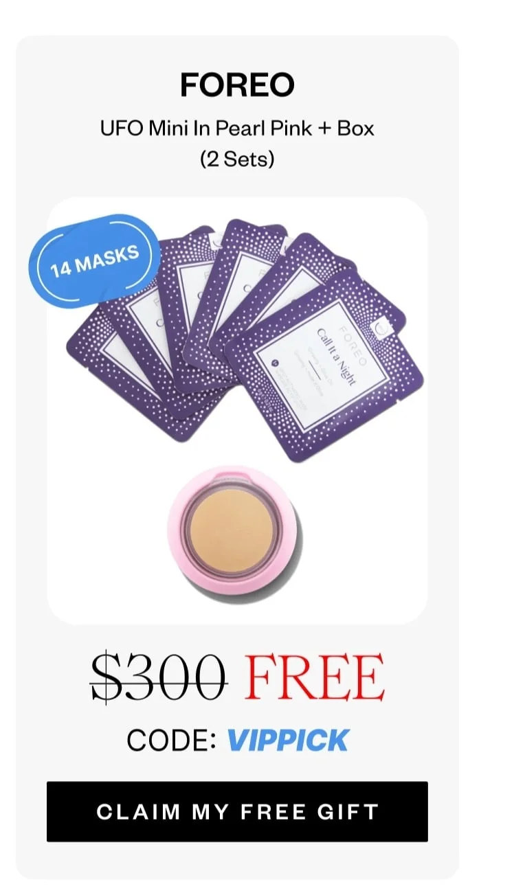 FOREO UFO Mini In Pearl Pink + Box Of 7 Call It Night Sheet Masks (2x Sets) | FREE | CODE: VIPPICK | CLAIM MY FREE GIFT