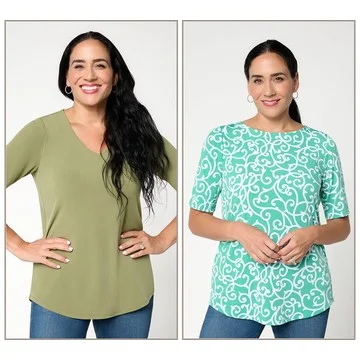 Susan Graver Set of 2 Print & Solid Liquid Knit Tops