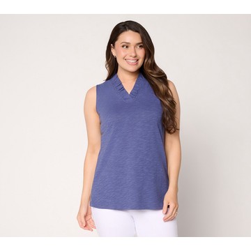 Denim & Co. Linen Slub V-Neck Sleeveless Top w/ Ruffle Trim