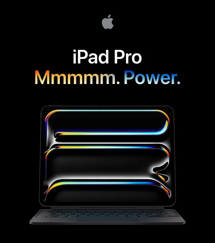 iPad Pro attached to Magic Keyboard, front exterior, with colorful, wavy graphics abstractly spelling 'PRO' from top to bottom