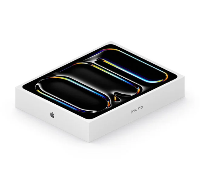 iPad Pro box, closed, front exterior, box cover with full-bleed image of display and multicolored line art spelling 'Pro'