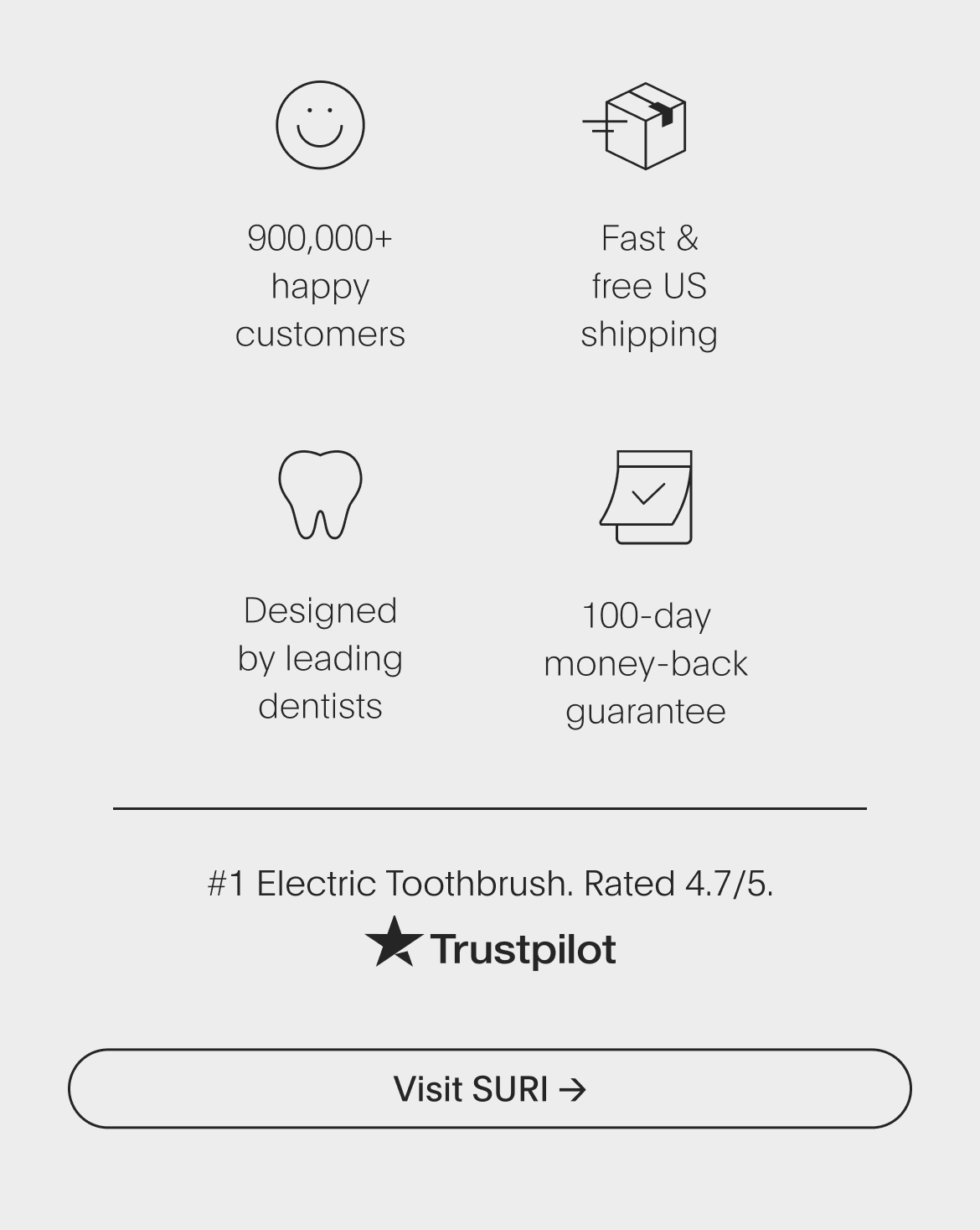 designed by leading dentists | 100-day money-back guarantee | 900,000+ happy customers | fast & free us shipping - visit suri