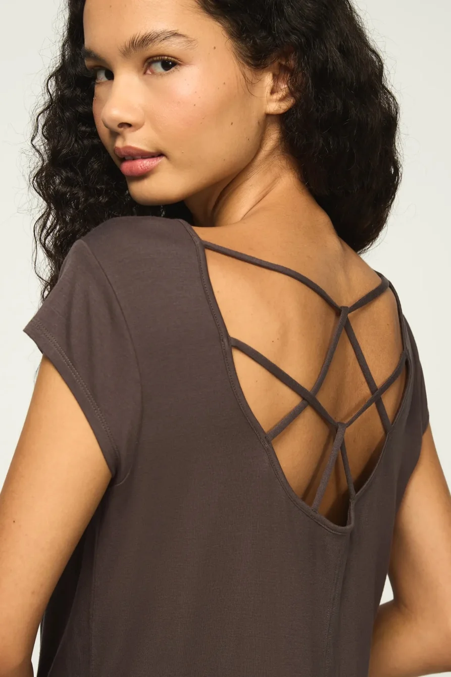 Image of Lucky Brand Sandwash Strappy Tee - Women's Clothing Tops Shirts Tee Graphic T Shirts in Raven