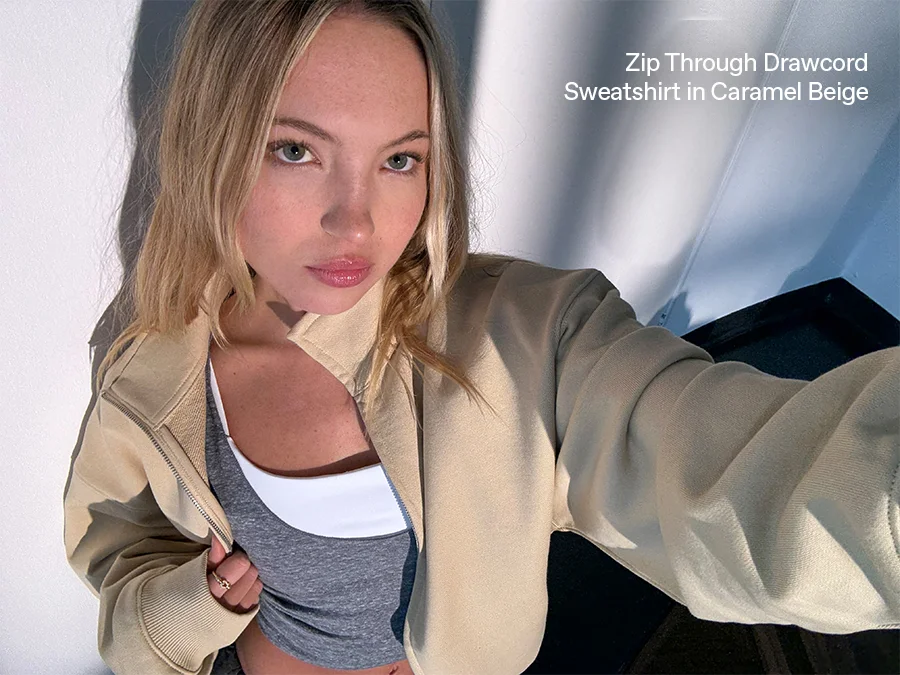 Zip Through Drawcord Sweatshirt - Caramel Beige