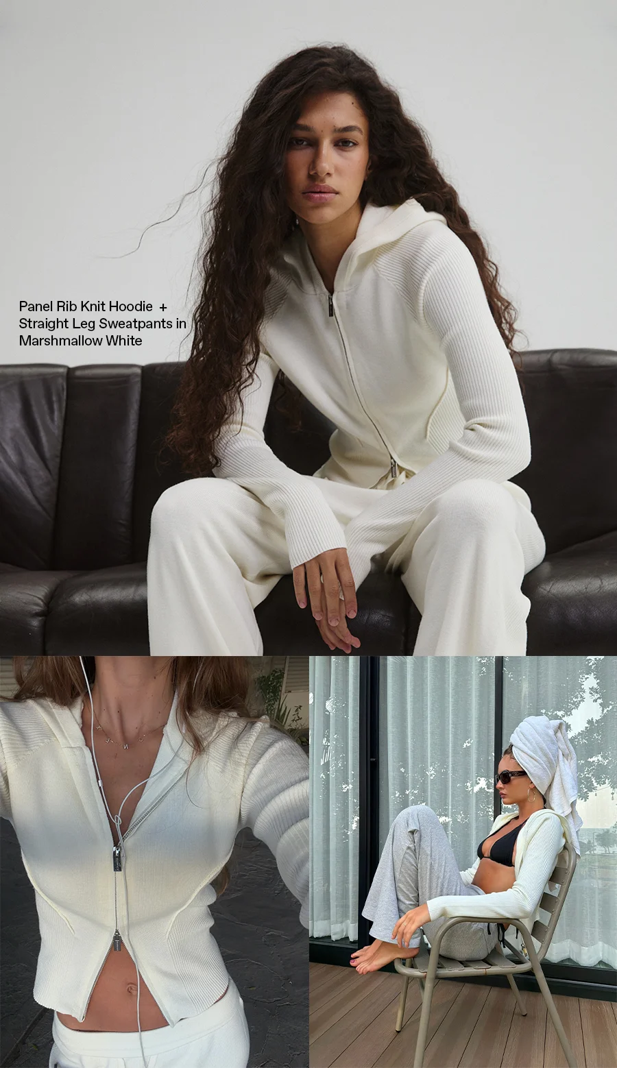 Panel Rib Knit Hoodie + Sweatpants in Marshmallow White