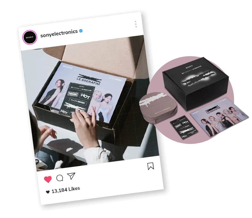 This limited-edition WH-X1000M5 bundle includes: • Custom LE SSERAFIM headphone case • Custom sticker pack • Artist poster