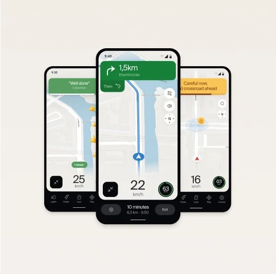 A render. Cowboy e-bike companion app interface showing navigation functionality on multiple screens.