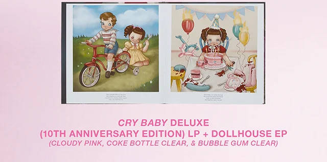 Cry Baby Deluxe 10th Anniversary Edition LP Plus Dollhouse EP. Cloudy Pink, Coke Bottle Clear, and Bubble Gum Clear