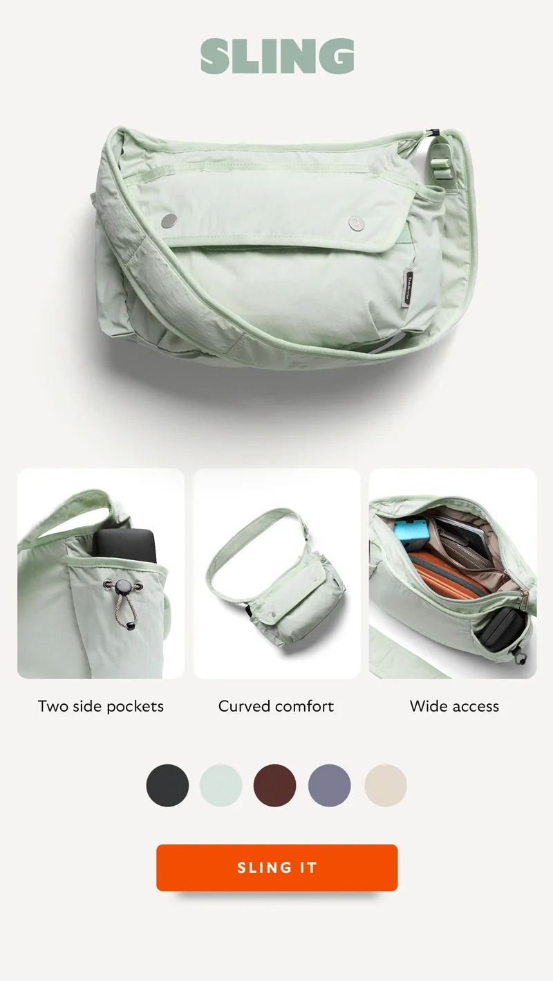 [Header] Cinch Sling [Feature 1] Two side pockets [Feature 2] Curved comfort [Feature 3] Wide access