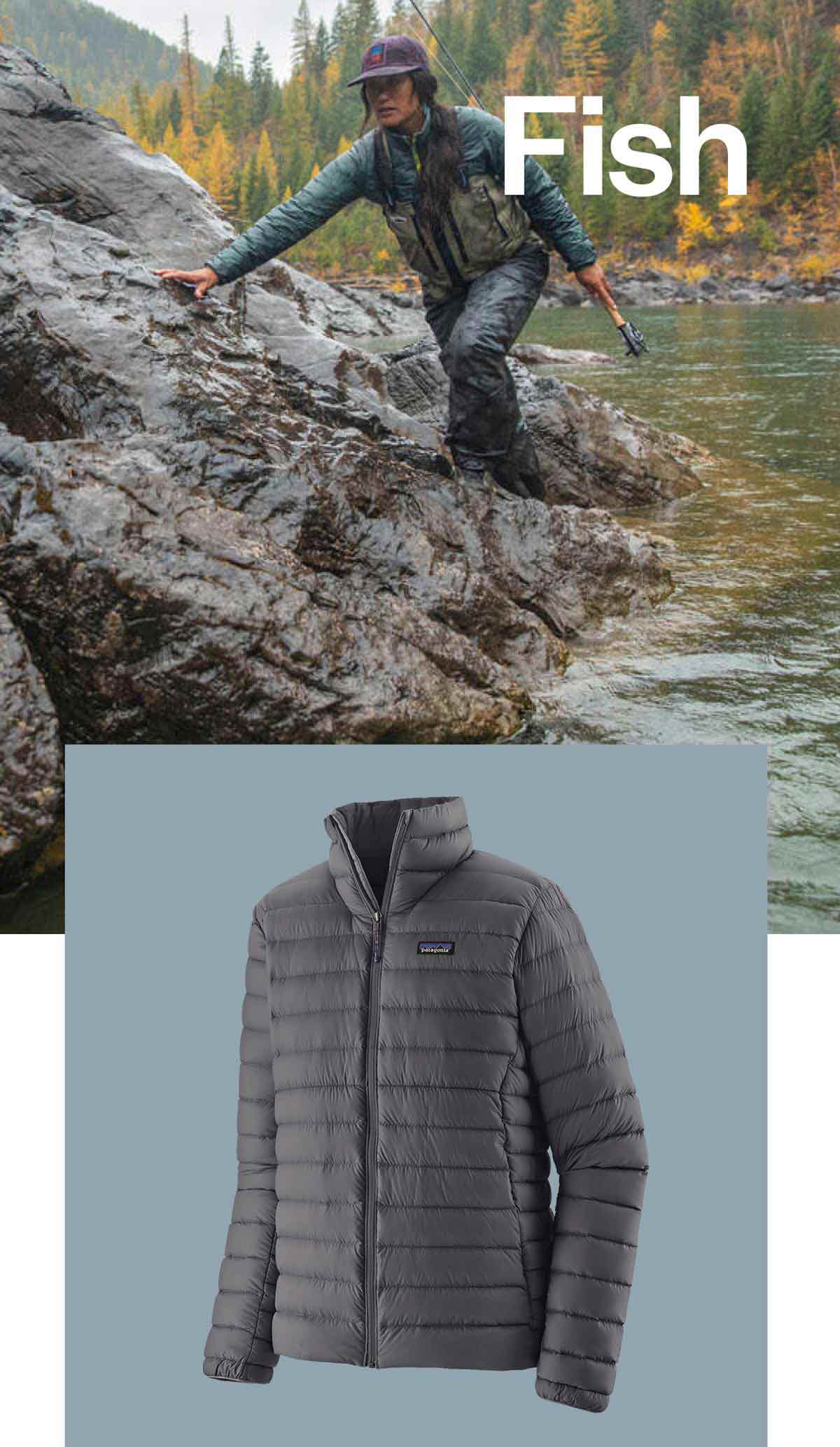 Men’s Down Sweater. The word fish over a photo of a person holding a fishing pole and climbing across a rock.