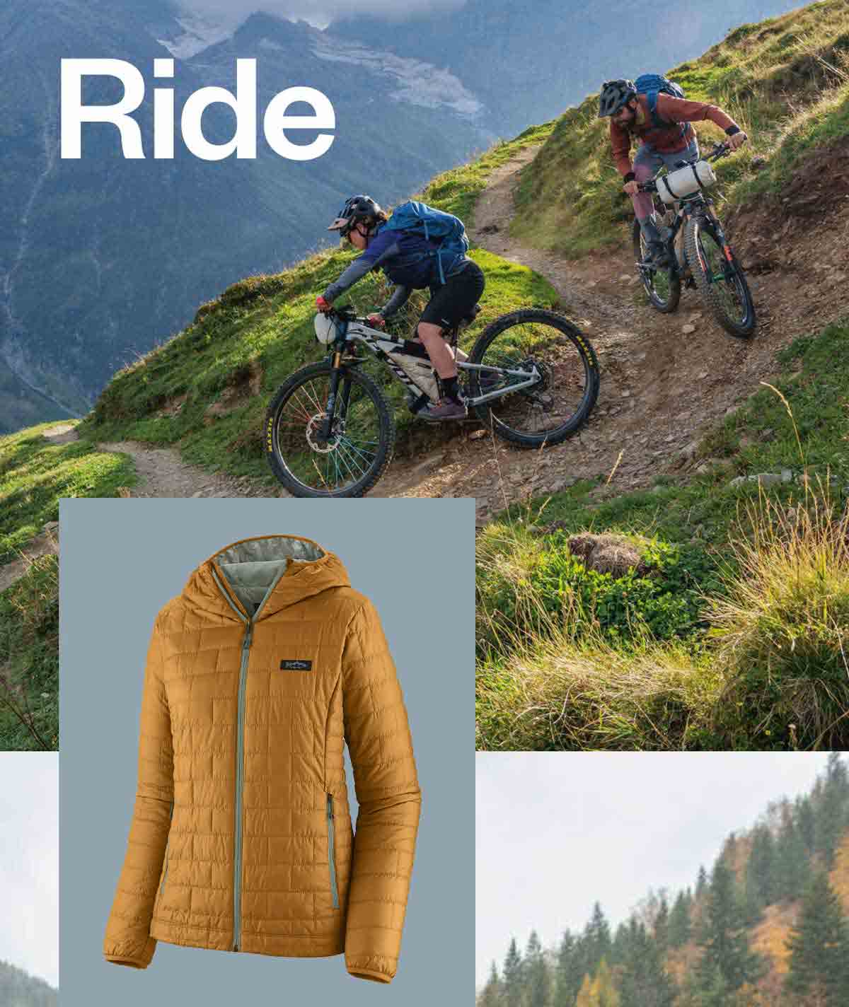 The word ride over a photo of two people mountain biking on a dirt trail in the mountains.