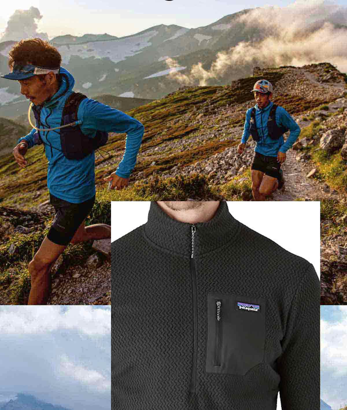 Men’s R1 Air Zip-Neck. The word run over an image of two people running on a trail through the mountains.