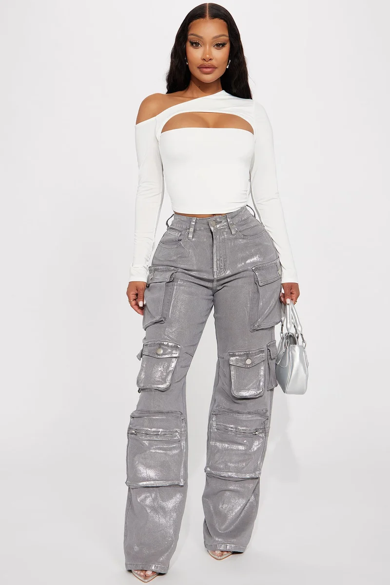 Image of Time To Shine Foil Baggy Cargo Jeans - Silver