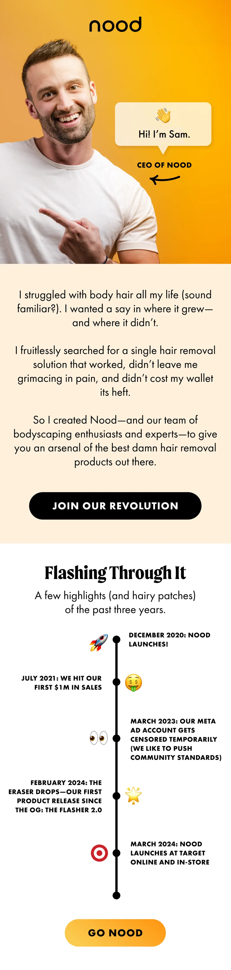 We created Nood to give you an arsenal of the best damn hair removal products out there. Join our revolution. The History of Nood. A few highlights and hairy patches of the past 3 years.