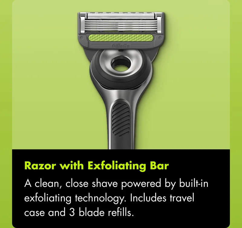 Razor with Exfoliating Bar - A clean, close shave powered by built-in exfoliating technology. Includes travel case and 3 blade refills.