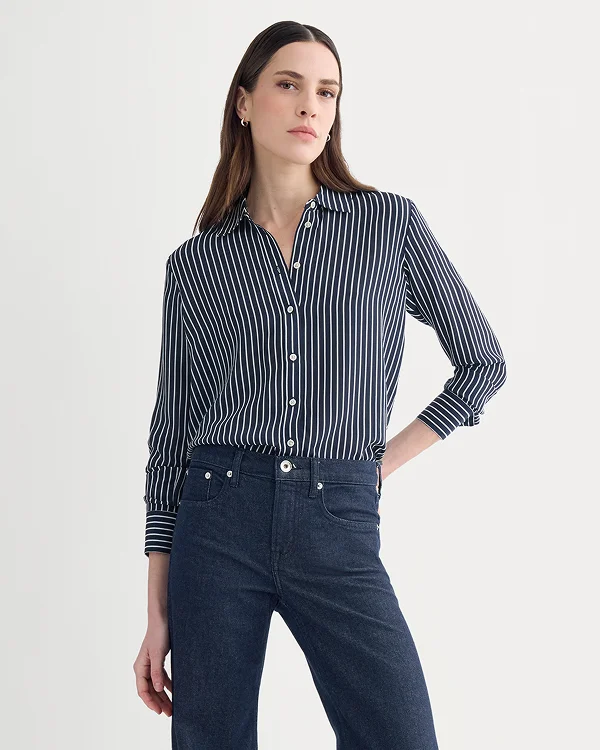 Image | The Must-Have Shirt in Washable Silk | True Navy / Bone Stripe