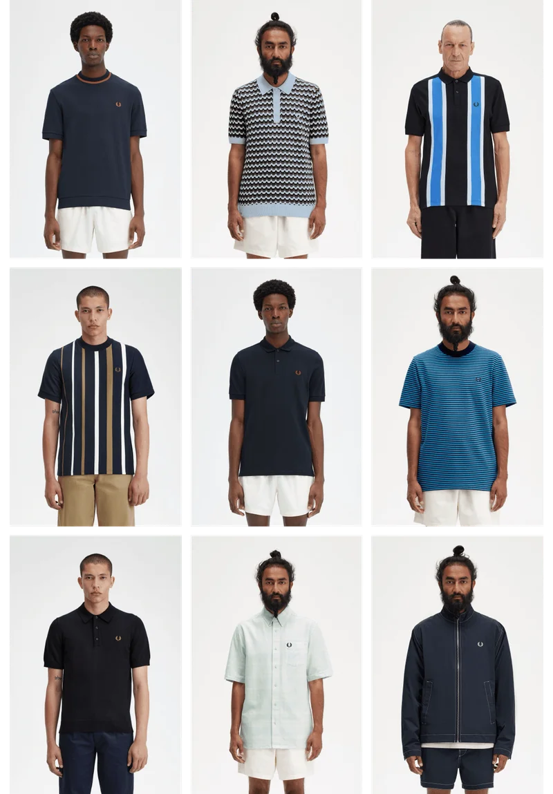 Collage of male models wearing varied blue t shirts, polos and leightweight jackets