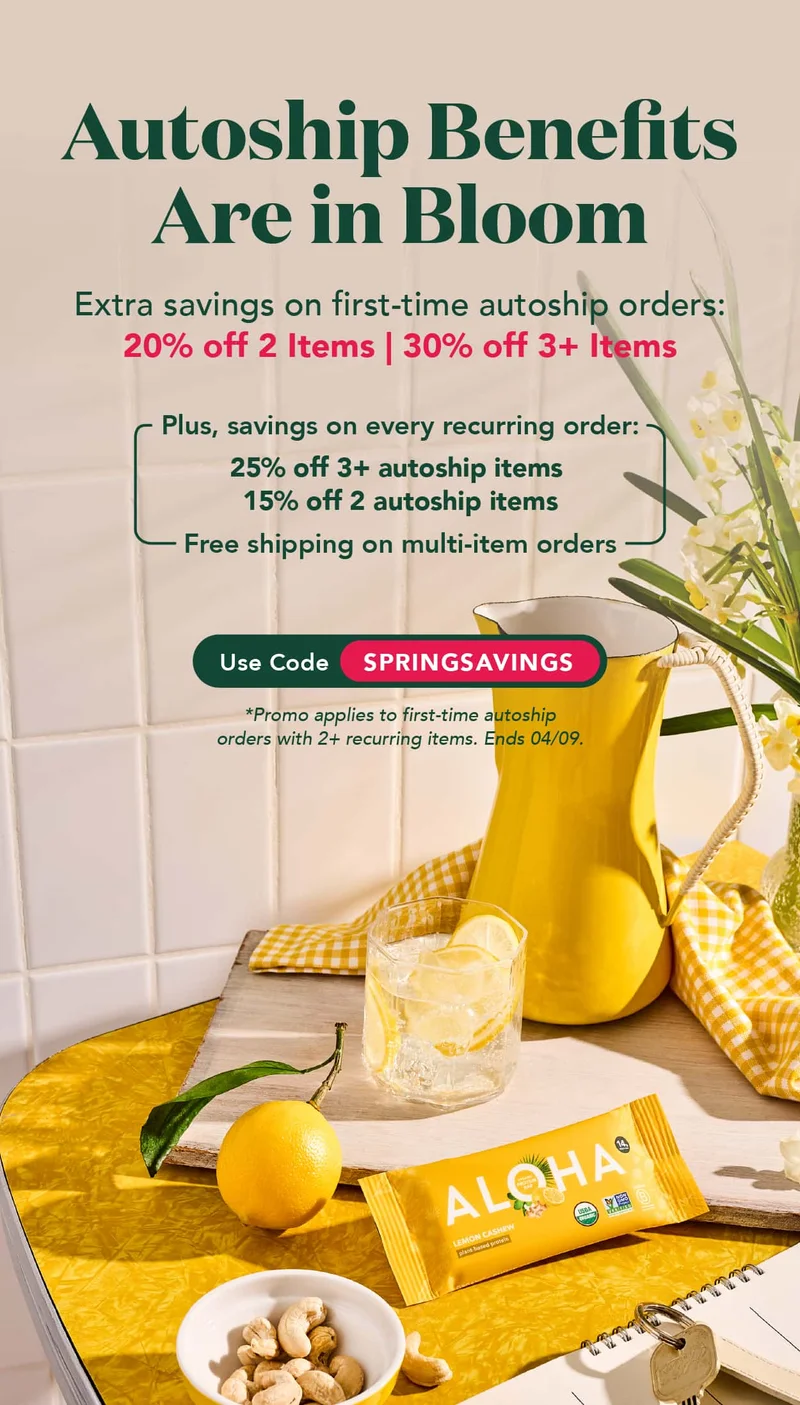Autoship benefits are in bloom! Get extra savings on first-time autoship orders: 20% off 2 items or 30% off 3 items! Plus, savings on every recurring order after: 25% off 3+ items, 15% off 2 items and free shipping on multi-item orders! Use code SPRINGSAVINGS to activate. Promo applies to first-time autoship orders with 2+ recurring items. Ends 04/09