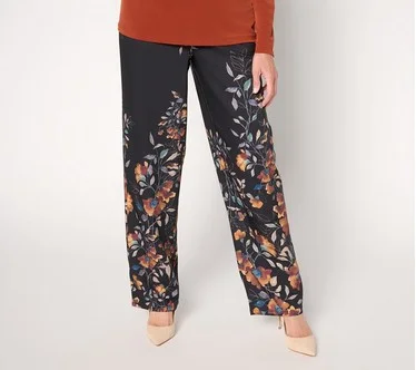 Susan Graver Petite Printed Stretch Matte Twill Pull-On Wide-Leg Pants