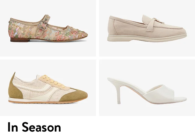 A floral mary jane, pale pink loafer, white heel and pink and brown sneaker.