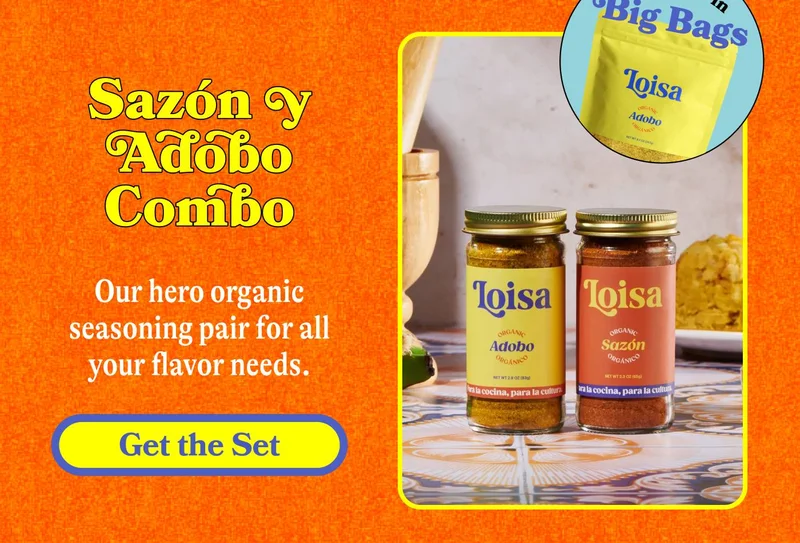 Sazón y Adobo Combo Sticker: Available in Big Bags! Our hero organic seasoning pair for all your flavor needs. GET THE SET