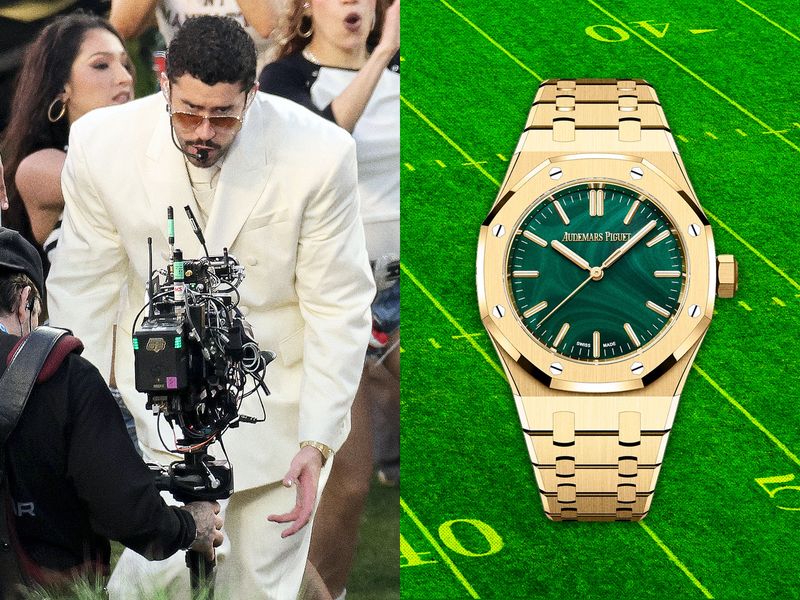 Image may contain: Bad Bunny, Wristwatch, Arm, Body Part, Person, Adult, Face, Head, Accessories, Jewelry, and Necklace