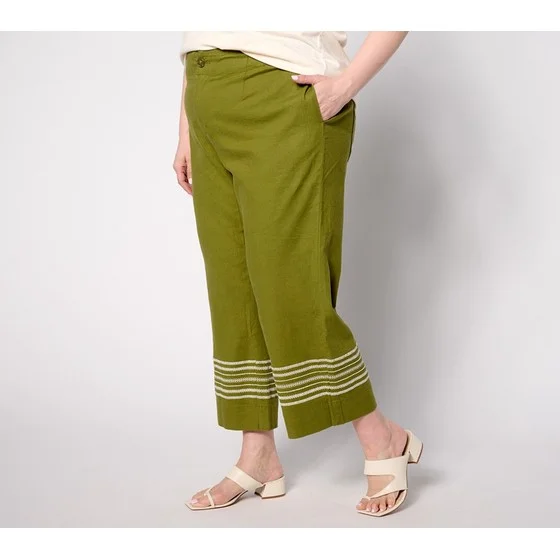 Joan Rivers Petite Stretch Novelty Linen Crop Pants with Embroidery