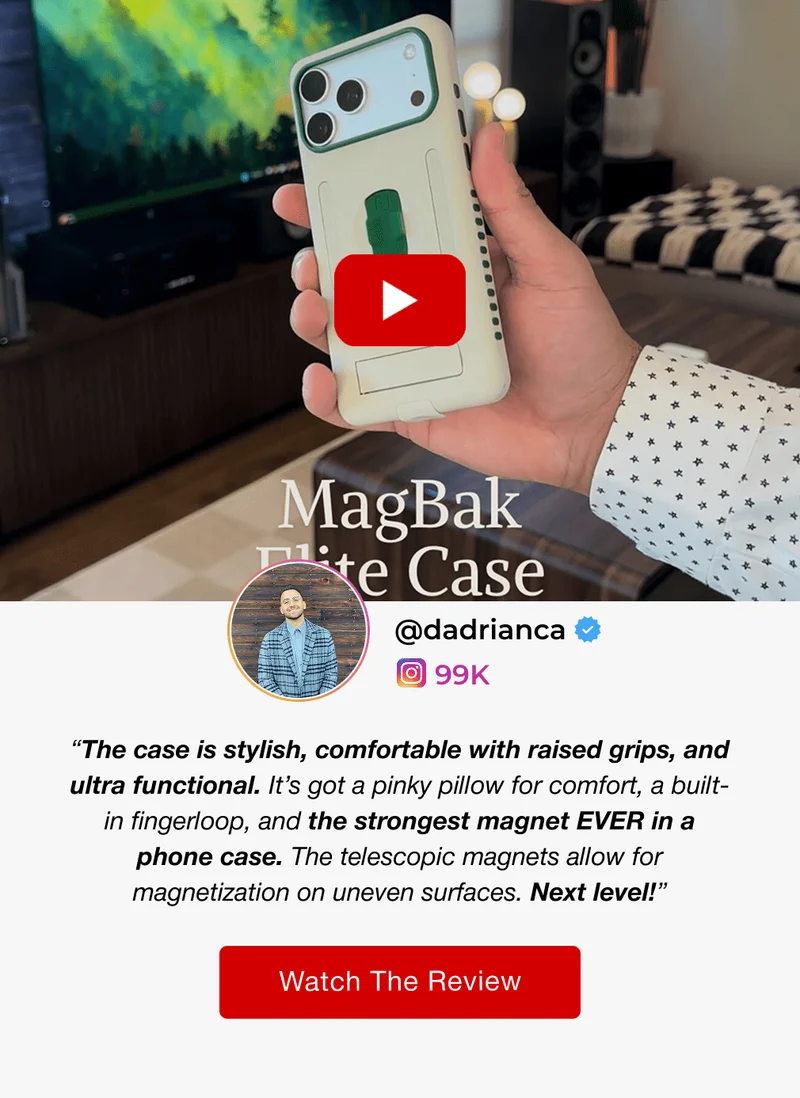 @dadrianca 99K “The case is stylish, comfortable with raised grips, and ultra functional. It’s got a pinky pillow for comfort, a built-in fingerloop, and the strongest magnet EVER in a phone case. The telescopic magnets allow for magnetization on uneven surfaces. Next level!” Watch The Review